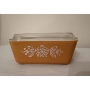 Vintage Pyrex Refrigerator Glass Dish 502 Lid Flowers Gold “Fridgie” Storage MCM